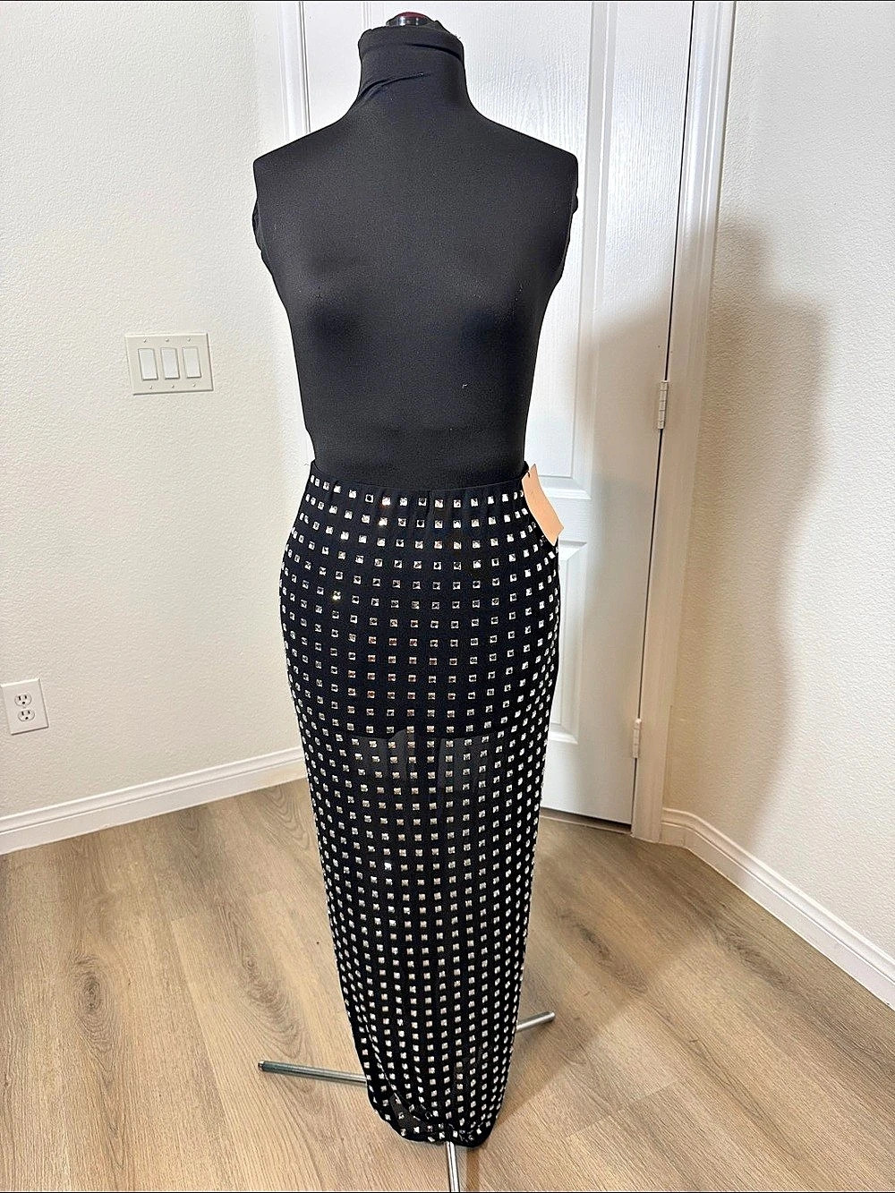 Sexy Sheer Black Rhinestone Studded Maxi Skirt Size Large NWT